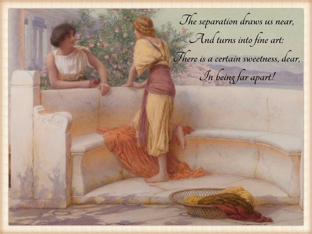 The Love Story by Henry Ryland.
This artwork depicts two Ancient Greek women, a blonde and a brunette, chatting on a marble terrace overlooking the sea.