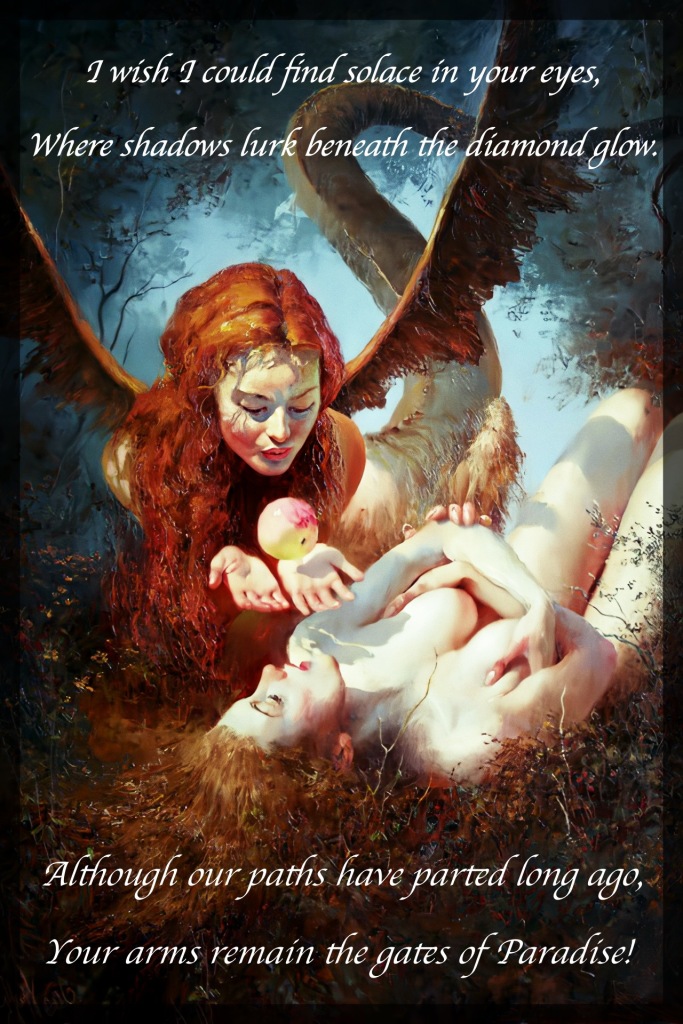 Lilith and Eve by Yuri Klapouh. In this Painting, Lilith, a feathery-winged Serpent with an upper body of a very  attractive woman, seduces Eve with an apple in the garden of Eden.